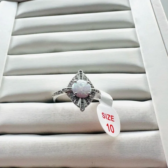 Bomb Party White Opal Halo Sterling-Style Ring in Silver-Size 10 - Picture 3 of 3